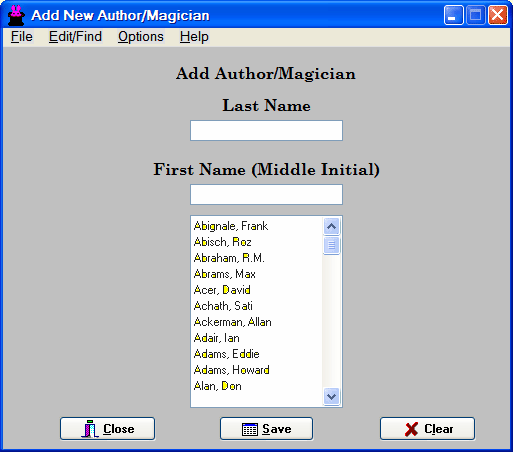 Image of the Add Author/Magicin Screen