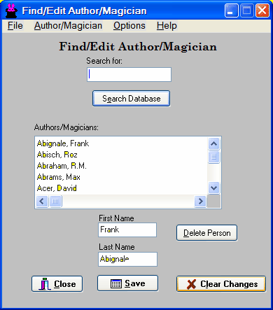 Image of the Find Author/Magicin Screen